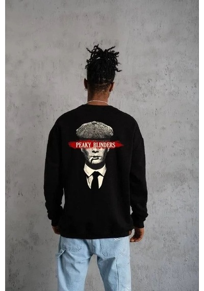 Luz&pos Erkek Bisiklet Yaka Baskılı Oversize Sweatshirt - Siyah Siyah