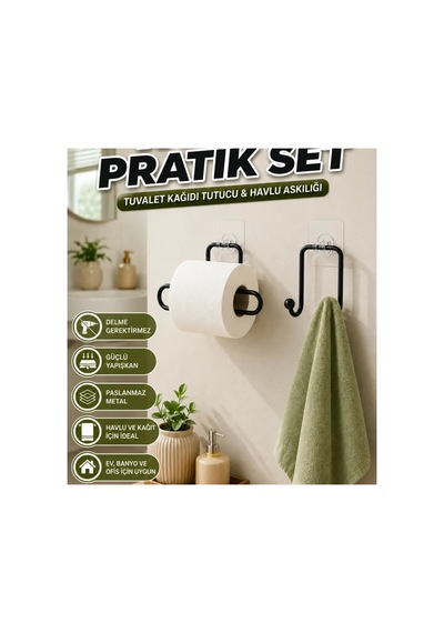 Yapışkanlı Havlu Askısı Ve Tuvalet Kağıdı Tutucu Siyah 2 Parça Set Çok Renkli