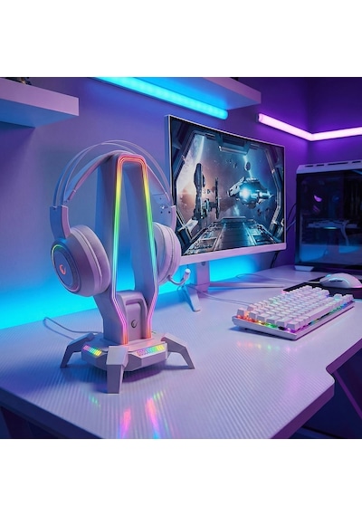 Rampage Rm-h27 Igrıs Kulaklık İçin Stand Rgb Işıklı 3 Usb 1 Type-c Bey