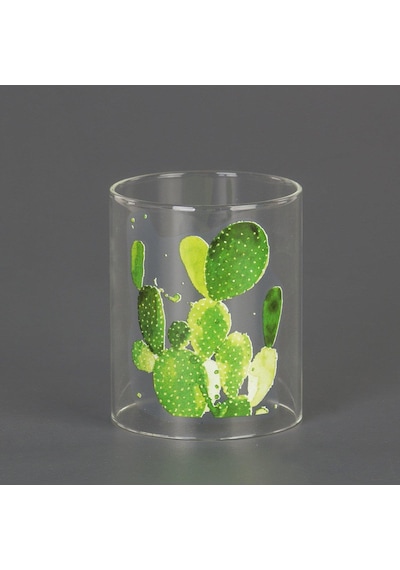 Euro Flora Kaktüs Desenli Cam Mumluk 8,5 x 13 cm