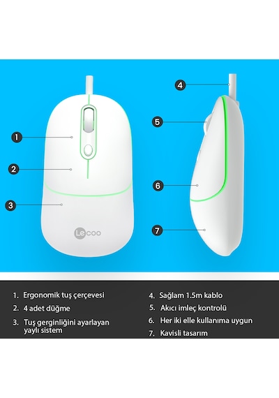 Lecoo MS110 USB Kablolu RGB 2400DPI 4 Tuşlu Sessiz Click Optik Mouse