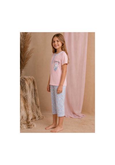 Pijamask Kız Çocuk Baskılı Pamuklu Kısa Kollu Yazlık Pijama Takımı Mavi