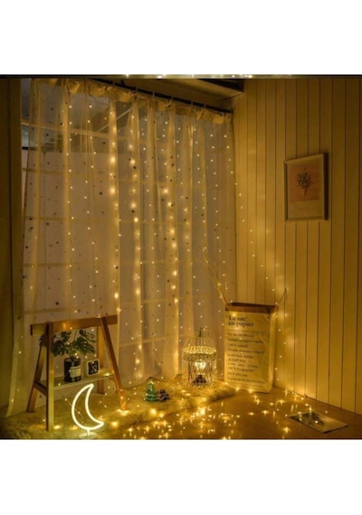 Peri Telli Perde Led Işık 3x3 Metre - 300 Ledli Günışığı Kumandalı & Usb'li Sarı