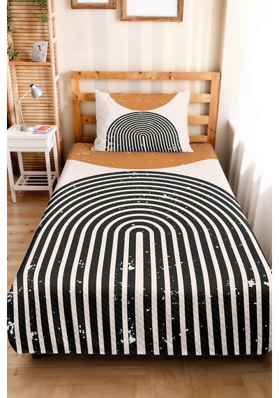 Geometrik Siyah Genç Odası Tek Kişilik Pike Takımı - Modern Hardal 160x220 Cm Kapitone Yatak Örtüsü Hafif Papatya Anısı
