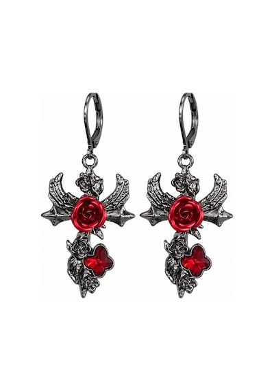 Kırmızı Gül Ve Kelebek Detaylı Siyah Metal Sallantılı Kadın Küpe Çifti Çok Renkli