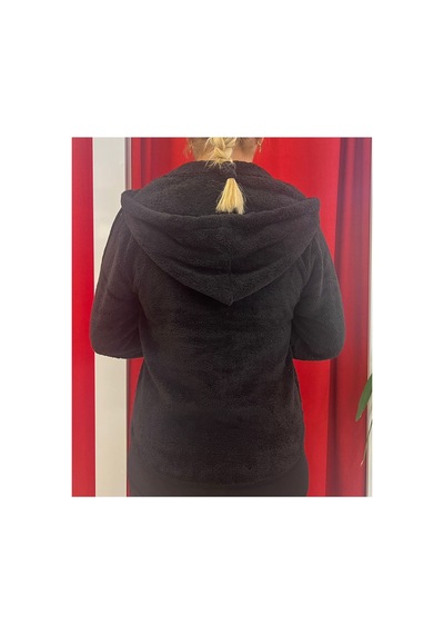 Rouge Basic Kapşonlu Yarım Fermuar Peluş Sweat Siyah