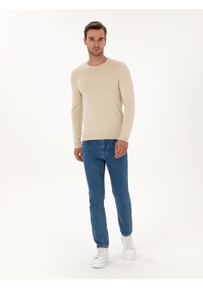 Cacharel Bej Slim Fit Pamuk Karışımlı Bisiklet Yaka Basic Triko Kazak