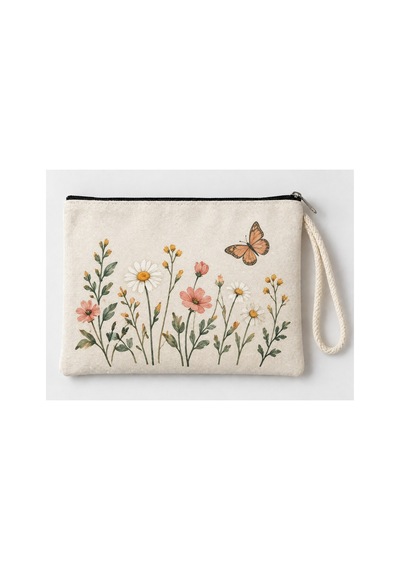 Kelebekli Kır Çiçekleri Baskılı Fermuarlı Makyaj Çantası Bozuk Para Cüzdanı Clutch Model 01286