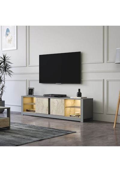 Aydos LED Işıklı Modern TV Sehpası – Cam Raflı, 2 Kapaklı, 180 cm, Gri/Traverten