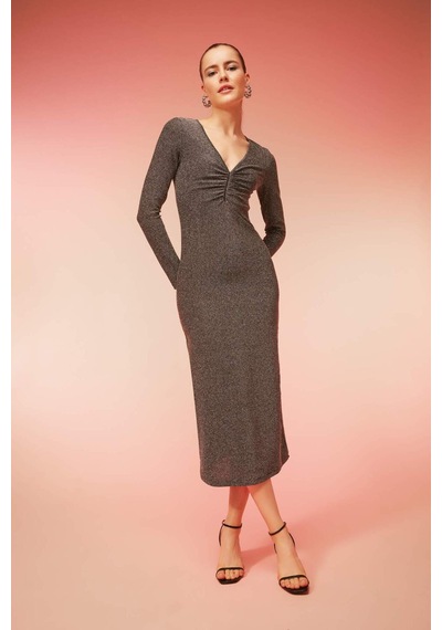 Defacto Bodycon Basic Düz Vücudu Saran V Yaka Payetli Kumaş Midi Uzun Kollu Elbise B4699AX23WNGR452