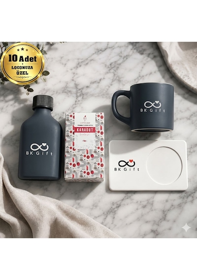Logonuza Özel 10 Adet Kutulu Ahşap Altlıklı Antrasit Fincan & Kolonya & & Aromalı Kahve Seti Ahşap Kutulu Kurumsal Hediye Seti