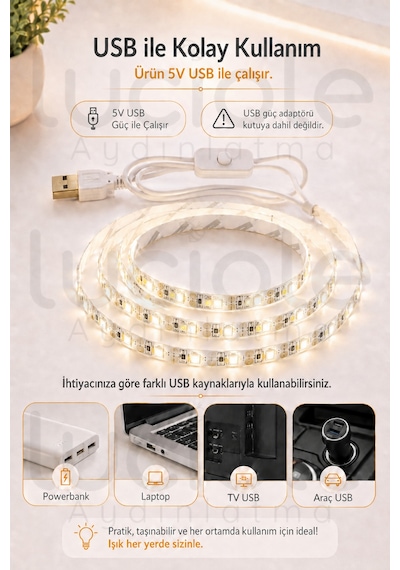 1 Metre 5v Usb Günışığı Şerit Led Aç Kapa Anahtarlı Mutfak Tv Masa Dolap Altı Işık