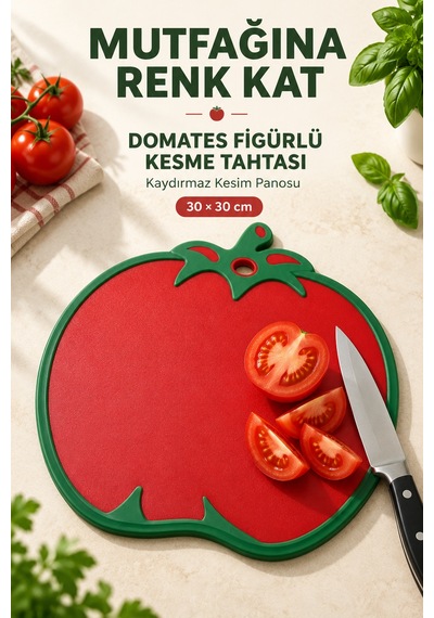 Domates Figürlü Kaydırmaz Kesme Tahtası 30 X 30 Cm Askılı Plastik Sebze Meyve Doğrama Panosu Kırmızı