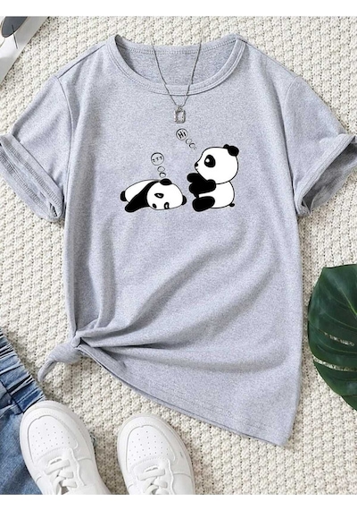 Kozia Outdoors Malkoçbey Sevimli Pandalar Baskılı T-şhirt Gri Gri