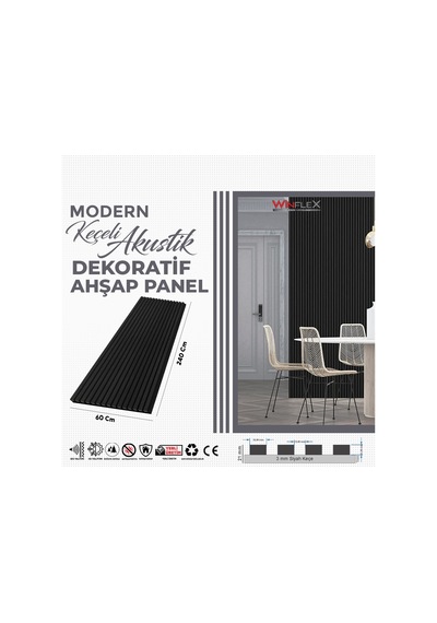Keçeli Dekoratif Akustik Ahşap Panel Siyah Renk 60x240cm .