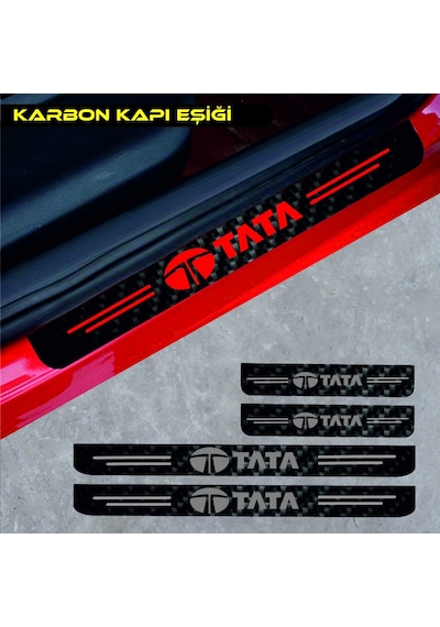 Tata İçin Uyumlu Aksesuar Oto Kapı Eşiği Sticker Karbon 4 Adet Kırmızı