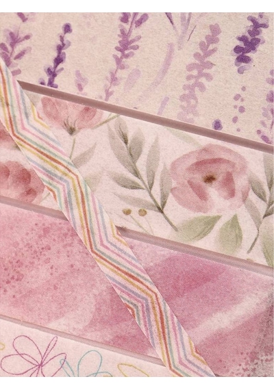 Vintage Washi Tape Bant Baskılı Yapışkanlı Maskeleme Kağıdı 45d Desenli Bant 10'lu - Pembe Çiçek Gül 1