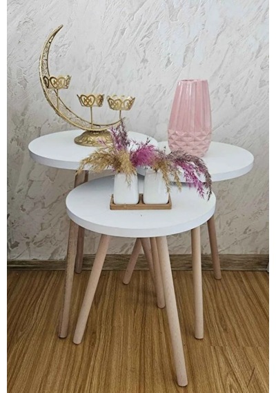 3'lü Zigon Sehpa Seti Saksılık Ve Çiçeklik Standı, Dekoratif Yan Sehpa Ahşap Ayaklı 33 Cm Çap - Beyaz Beyaz
