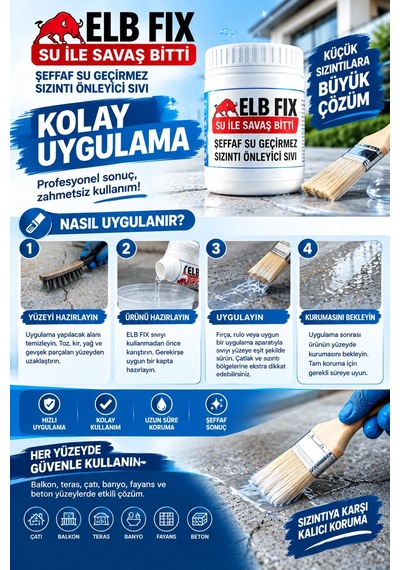 Elb Fıx Şeffaf Su Geçirmez Sızıntı Önleyici Sıvı Yalıtım Ürünü 1 Kg Çatlak Ve Su Sızıntısı Önleyic