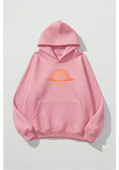 Uyguntarz Unisex Yumuşak Dokulu Çizgi Saturn Baskılı Tasarım Oversize 3 İplik Hoodie Sweatshirt Pembe