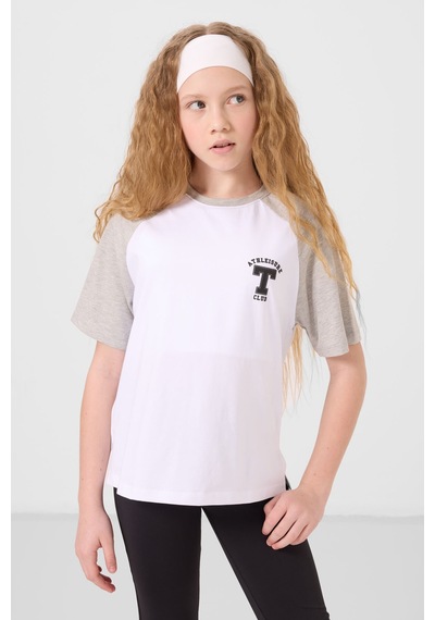 Beyaz O Yaka Pamuklu Baskılı Oversize Fit Kız Çocuk T-shirt - 75179 Beyaz