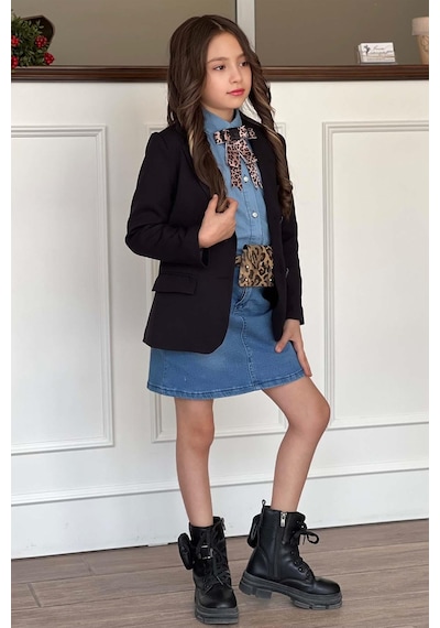 Riccotarz Kız Çocuk Leopar Desenli Fiyonk Detaylı Kot Gömlek Siyah Blazer Ceket Etekli Takım 001