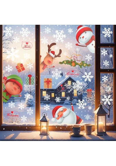 80 Adet Kar Tanesi Pencere Cam Yapışkanları, Noel Baba Geyik Çıkartmaları