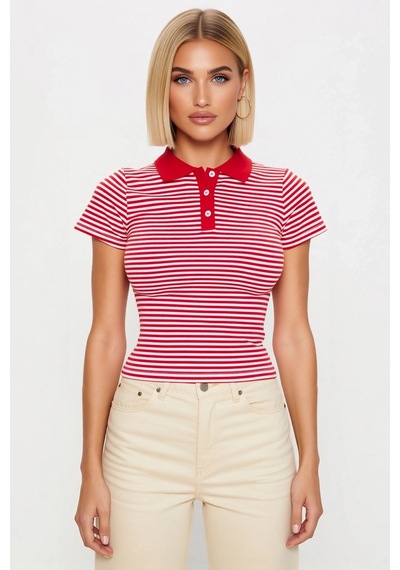 Benerly Kadın Bluz Polo Yaka Kısa Kol Fitted Kalıp Çizgili Desen Crop Boy Kırmızı