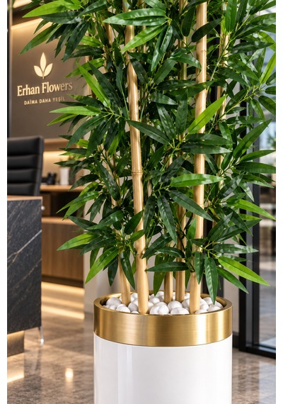 170 Cm Yapay Bambu Beyaz Gold 30x30 Dekoratif Ağaç Yeşil