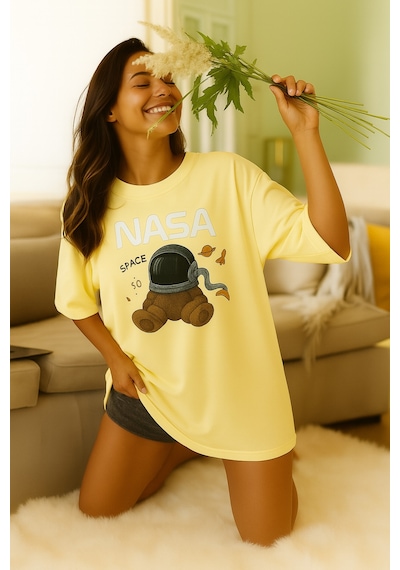 Ayıcık Baskılı Oversize Beyaz T-shirt Çok Renkli