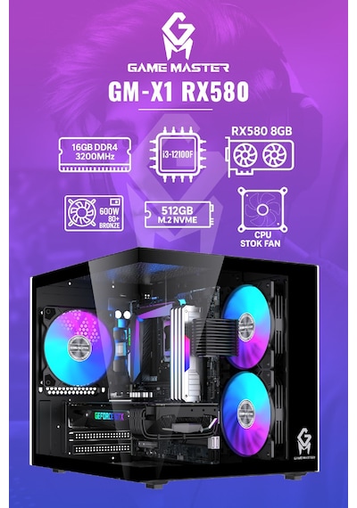 Game Master GM-X1 i3-12100F 16 GB 512 GB M.2 SSD 8 GB RX580 Free Dos Masaüstü Oyuncu Bilgisayarı