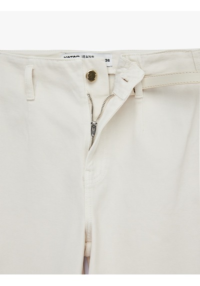 Koton Kemer Detaylı Pamuklu Kısa Geniş Paça Pantolon - Wide Leg Jeans Ekru 6sal40052mw