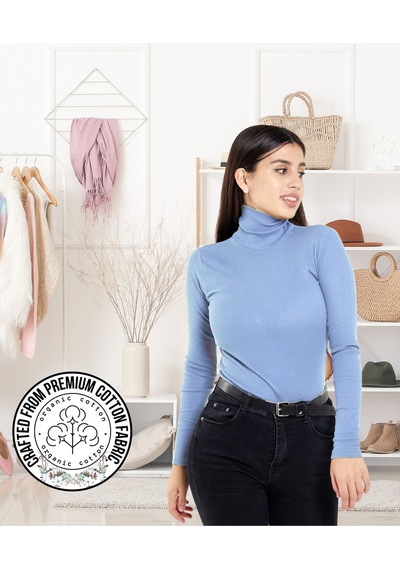 Alya Underwear Kaşkorse Tam Boğazlı Body Sweatshirt, Fitilli Kumaş, Likralı, Gül Kurusu Gök Mavi