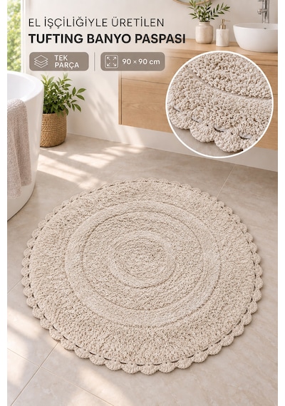 Alanur Bodrum Tufting Cotton Pamuklu El Işi Örgülü 90 X 90 Cm Paspas 110 Bej