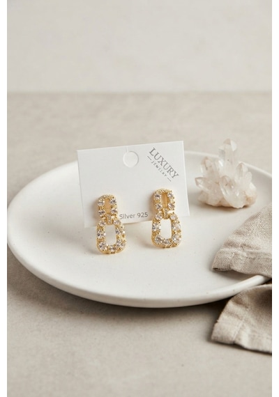 Zirkon Taşlı Gold Renk Pirinç Vintage Kadın Küpe Çok Renkli