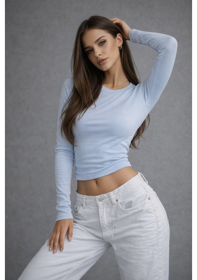 Wild Bee Kadın Bebe Mavi Bisiklet Yaka Uzun Kollu Basic Bluz