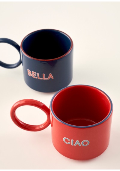 Bella Maison Line Halka Kulplu 2'li Seramik Fincan Kırmızı-mavi 180 Cc Kırmızı - Mavi