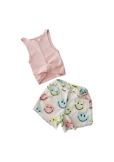 Miniğimin Cicileri Smile Desen Şortlu Croplu Kız Çocuk Takım - Pembe Pembe