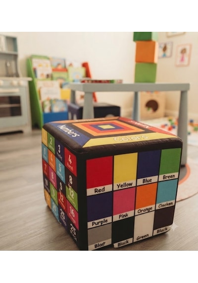 Missidea İngilizce Eğitici Küp Minder 33x33 Cm Çocuklar İçin İnteraktif Dil Gelişim Pufu Çok Renkli
