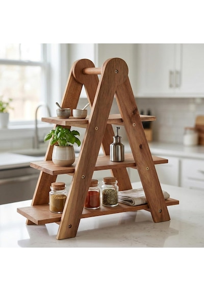 Deconox Doğal Akasya Ahşap 3 Katlı Sunum Standı - 37x12.3x37.5 Cm Çok Amaçlı Katlı Servis Tepsisi, Kurabiyelik V Diğer