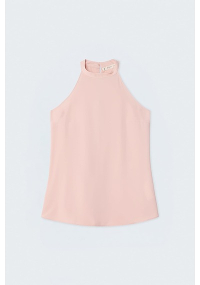 Sateen Halter Yaka Bluz - Pudra-137730