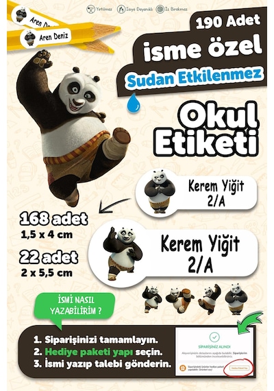 Okul Etiketi Kalem Defter İsimli Etiket Isim Yazılabilen Kungfu Panda - 190 Adet Özel Yeni Tasarım