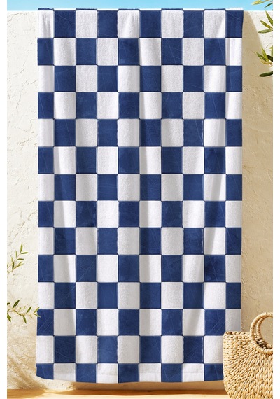 Damalı Kare Desenli Lacivert Beyaz Plaj Havlusu - Geometrik Marine Hızlı Kuruyan Mikrofiber Havlu Serin İncir