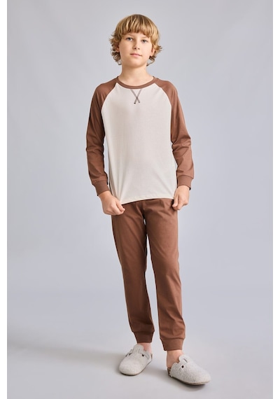 Defacto %100 Pamuk Bisiklet Yaka Reglan Uzun Kollu Üst Lastik Paça Alt 2li Pijama Takımı Erkek Çocuk I1443a826aubn321 Kahve-bn321