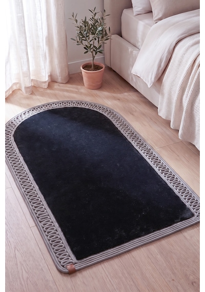 Merplush Mihraplı Peluş Seccade 75x130 Cm Süet Taban Yıkanabilir Yumuşak Namaz Halısı Siyah - Gri