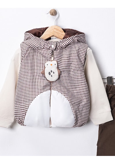 Harika Kids Erkek Bebek 3 Lü Takım 9-24 Ay Şişme Yelek %100 Pamuk Sweatshirt Kadife Pantolon Kahverengi