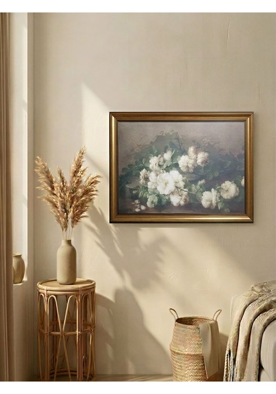 Antika Gold Çerçeveli Yatay Vintage Gül Dalı Tablosu - Nostaljik Salon Duvar Dekoru 80x60cm
