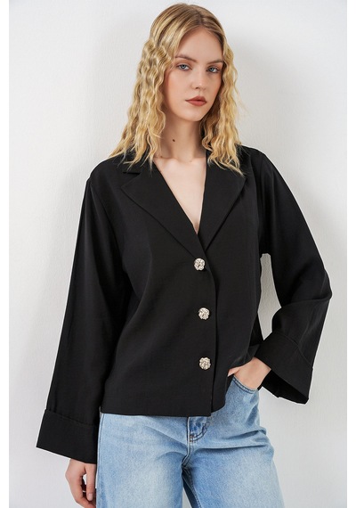 Bigdart Kadın Kruvaze Yaka Oversize Ceket 0747 - Siyah