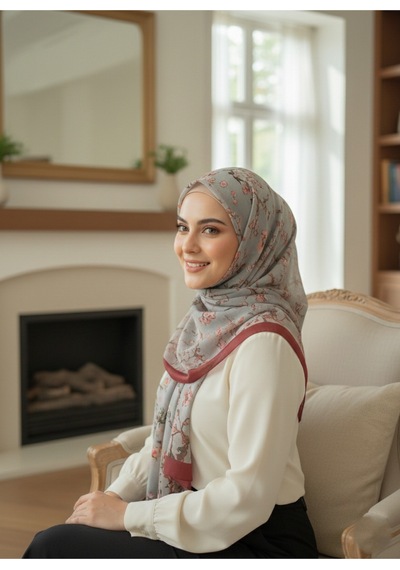 Eyfel Pamuklu Soft Özel Seri Şal Etnik & Çiçekli Desen, Orjinal, Tesettür Giyim, Yeni Koleksiyon Bordo - Gri