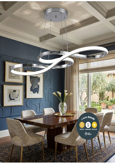 Infinity Krom Kıvrımlı Kumandalı Modern Led Avize 3 Renk Salon, Yemek Masası Ve Mutfak İçin Gümüş